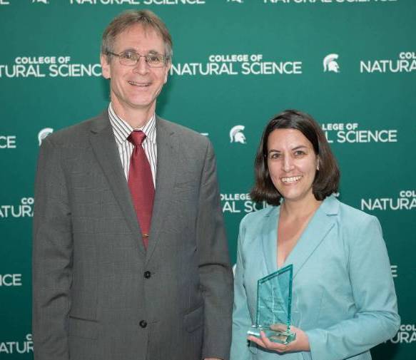 Photo - MSU College of Natural Science Dean Eric Hegg with Meritorious Faculty Award winner Assistant Professor Daryl McPadden at the 2026 Alumni Awards.